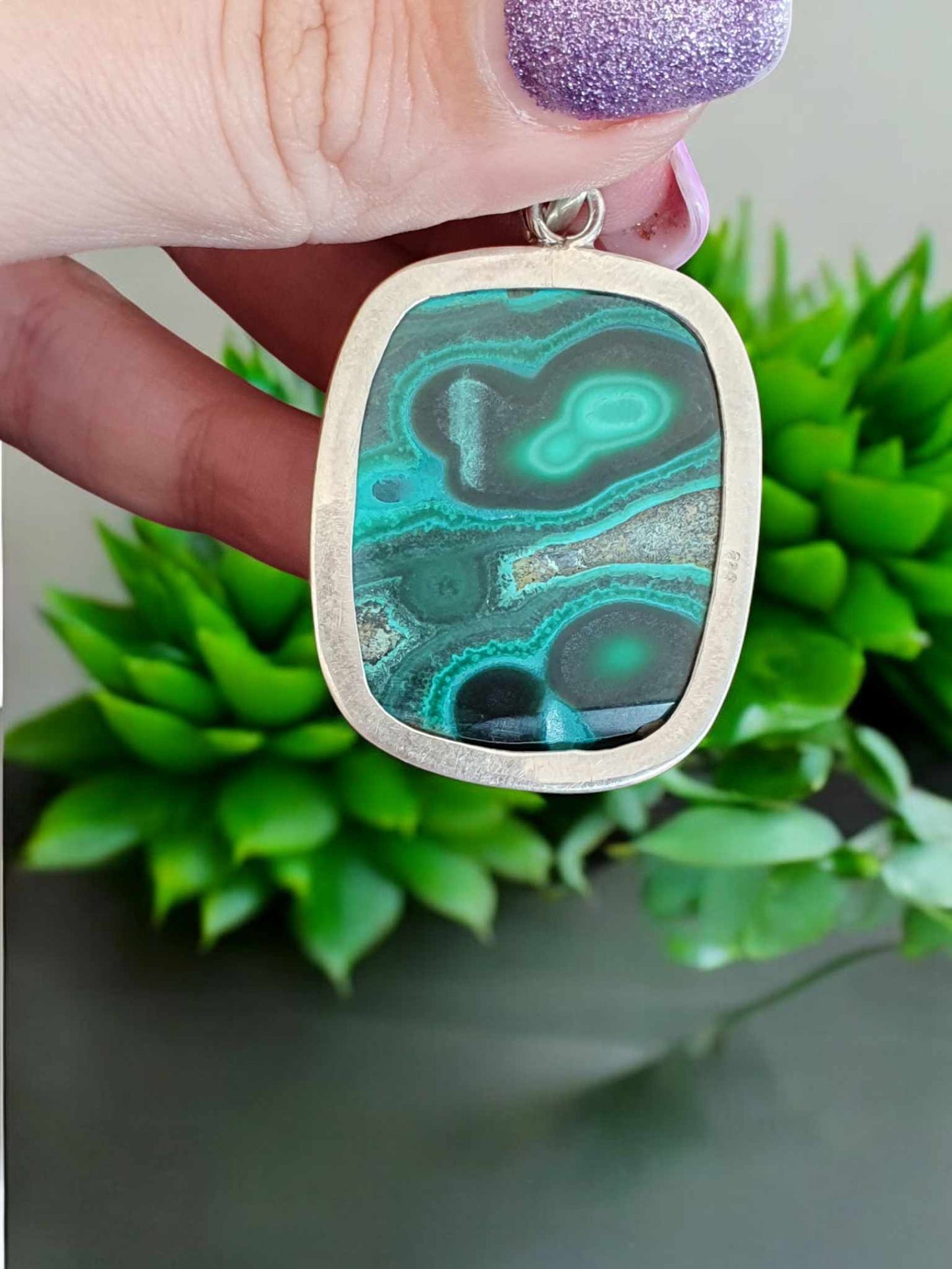 Pendentif argent 925-Malachite forme rectangulaire