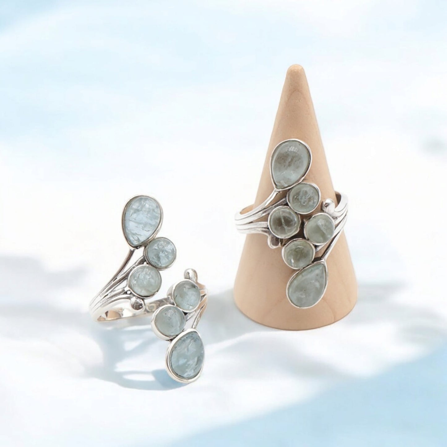 Bagues Réglables en Argent 925 Rhodié Serties d'Aigue-marine Naturelle de Qualité AA Luxe -modèle 1