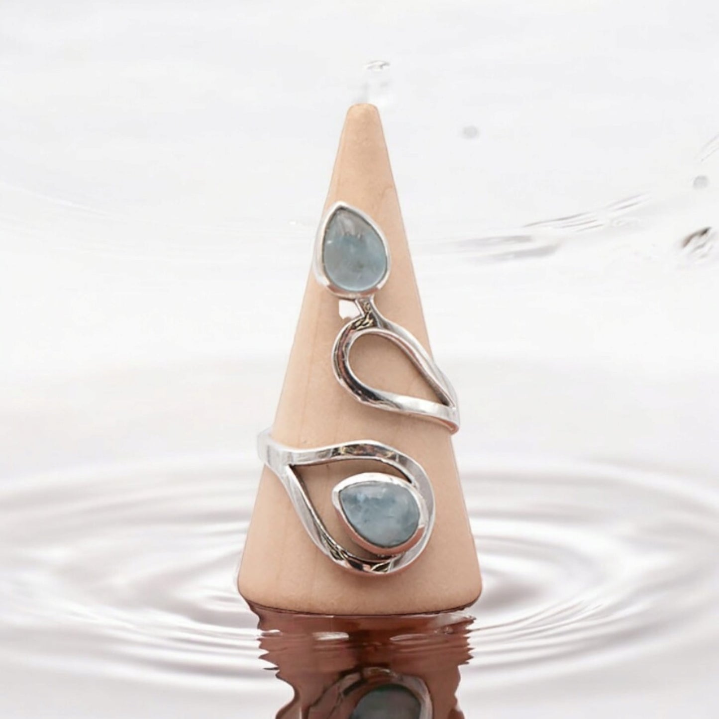 Bagues Réglables en Argent 925 Rhodié Serties d'Aigue-Marine Naturelle de Qualité AA Luxe-modèle-2