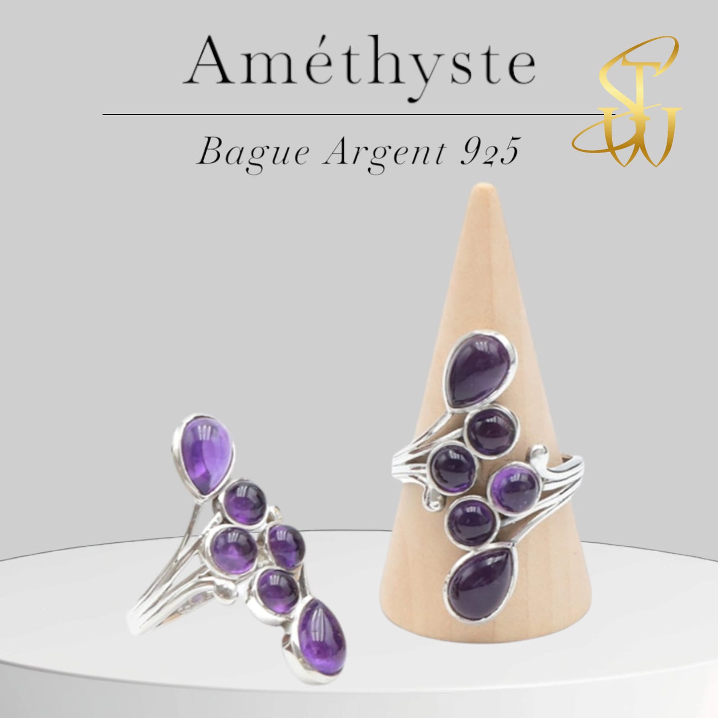 Bagues Réglables en Argent 925 Rhodié Serties d'Améthyste Naturelle de Qualité AA Luxe-Modèle 1