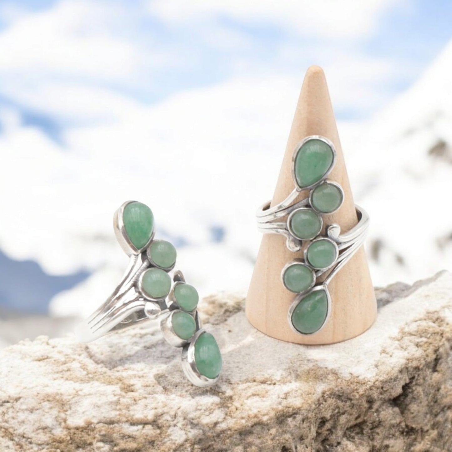 Bagues Réglables en Argent 925 Rhodié Serties d'Aventurine Verte Naturelle de Qualité AA Luxe
