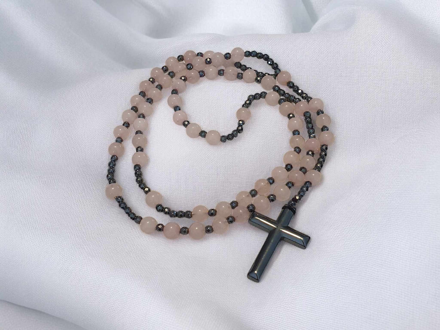 Chapelet en quartz rose et Hématite