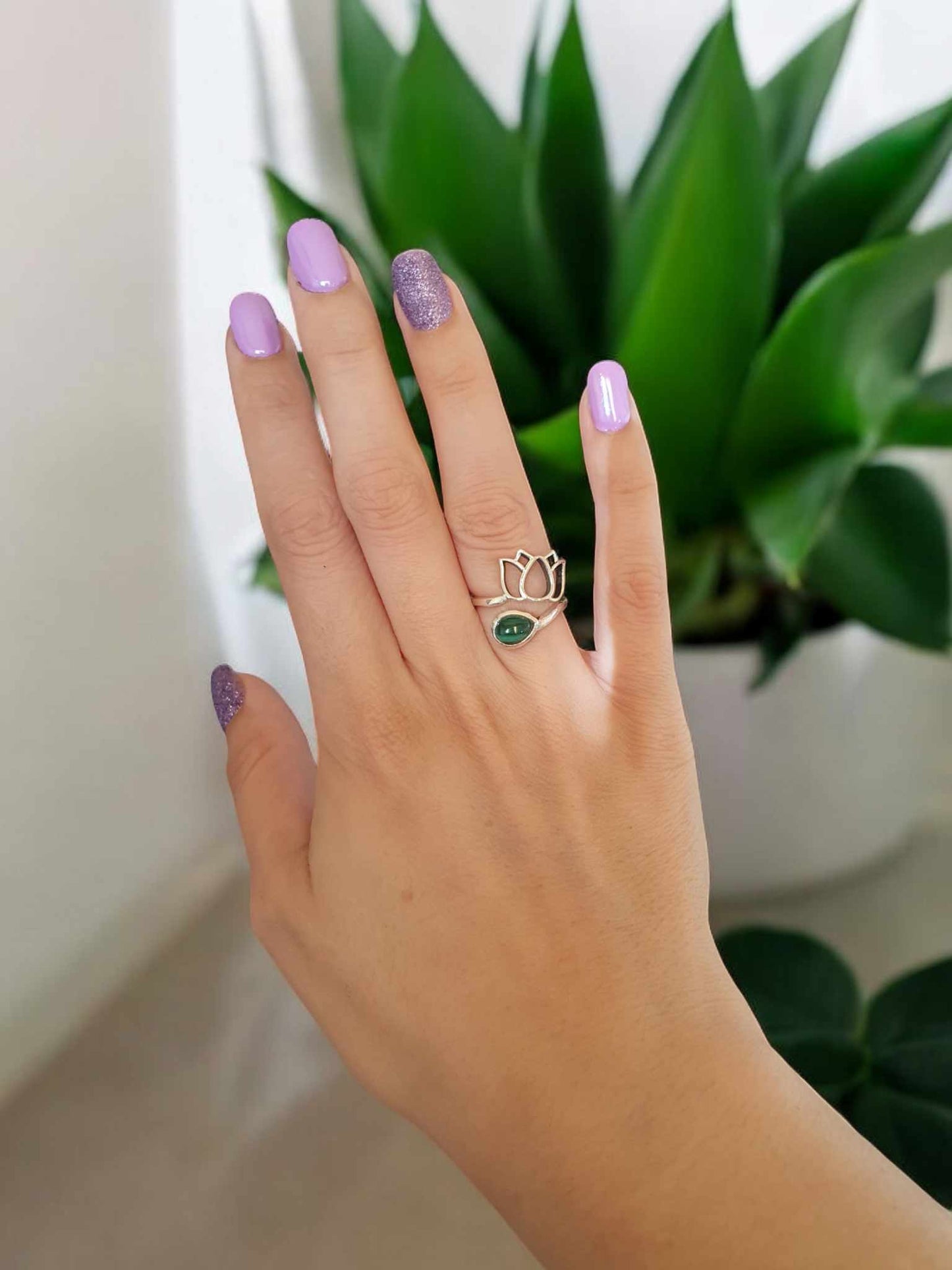 Bague en Argent 925 en Forme de Fleur de Lotus Malachite
