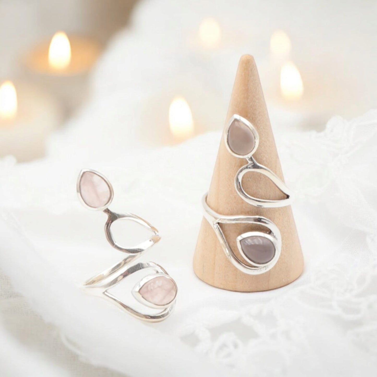 Bagues Réglables en Argent 925 Rhodié Serties de Quartz Rose Naturel de Qualité AA Luxe- modèle 2