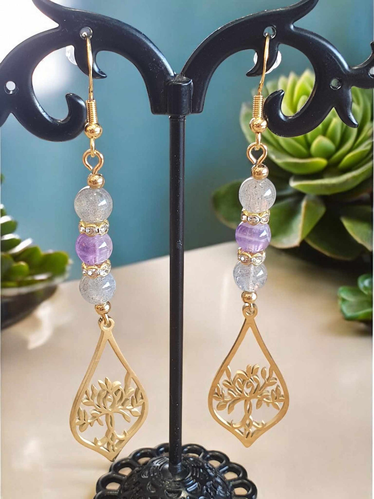 Boucles d'Oreilles en Labradorite AAA et Améthyste Chevron Supérieure - Maison SECRET WILLTENNS