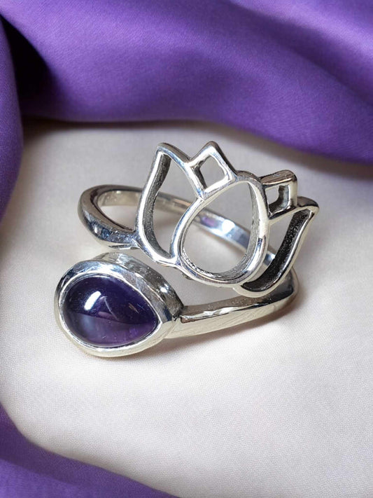 Bague en Argent 925 en Forme de Fleur de Lotus avec Améthyste