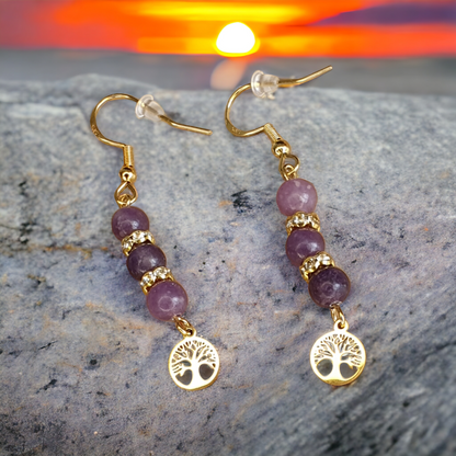 Boucle d'oreille arbre de vie Lépidolite
