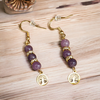 Boucle d'oreille arbre de vie Lépidolite