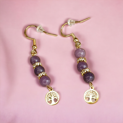 Boucle d'oreille arbre de vie Lépidolite