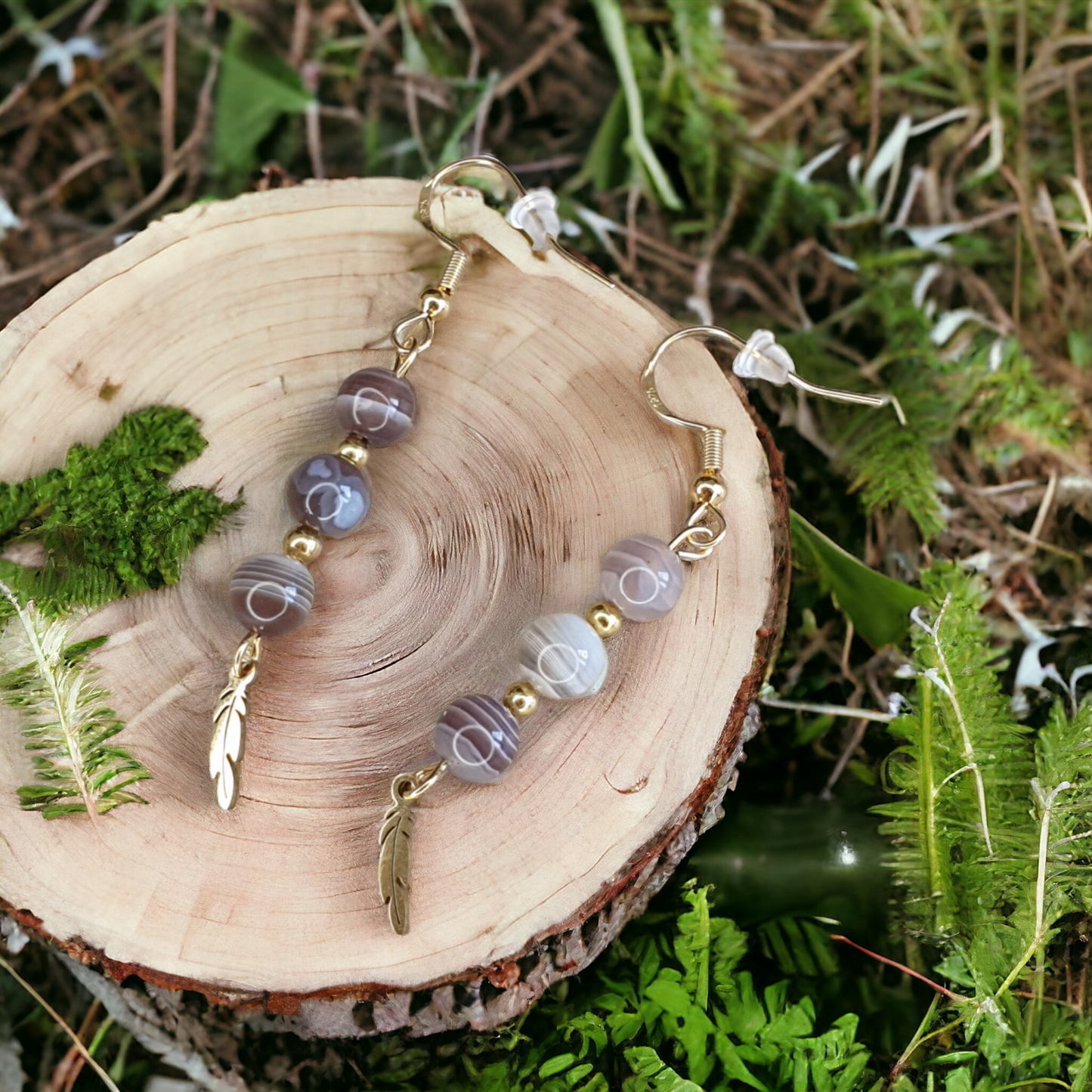 Boucle d'oreille plume Agate de BOTSWANA