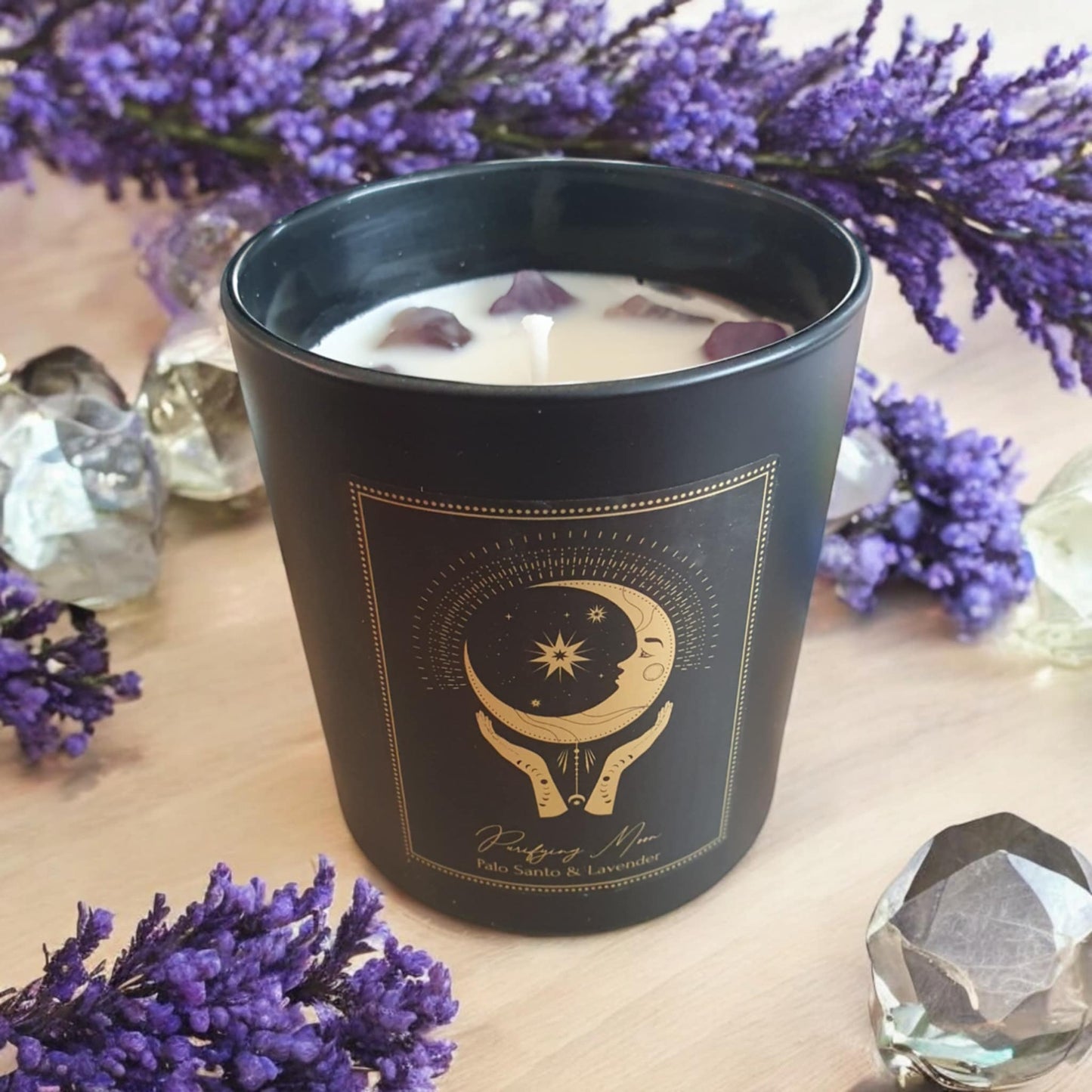 Bougie d'intention Puryfing Moon en verre -palo santo et de lavande