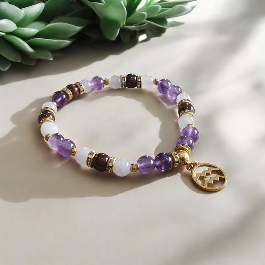 Bracelet du Verseau - Améthyste, Grenat, Pierre de Lune Blanche