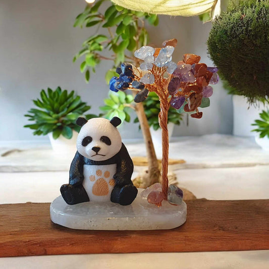 petit Panda et Arbre multi-pierres naturelles sur base en agate