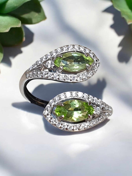 Bague Réglable en Argent 925 avec Péridot et Strass