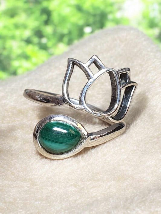 Bague en Argent 925 en Forme de Fleur de Lotus Malachite