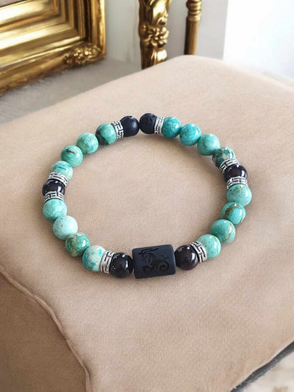 Bracelet Homme Capricorne : Turquoise Africaine, Obsidienne Noire et Grenat - Élégance et Énergie