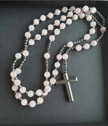 Chapelet en quartz rose et Hématite