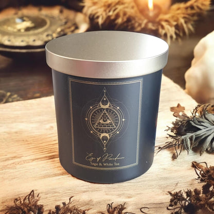Bougie d'intention Eye of providence en verre, sauge et thé blanc