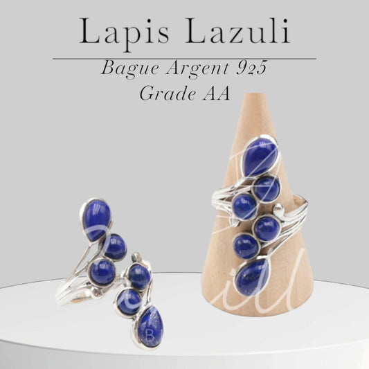 Bagues Réglables en Argent 925 Rhodié Serties de Lapis-Lazuli Naturel de Qualité AA Luxe-Modèle 1