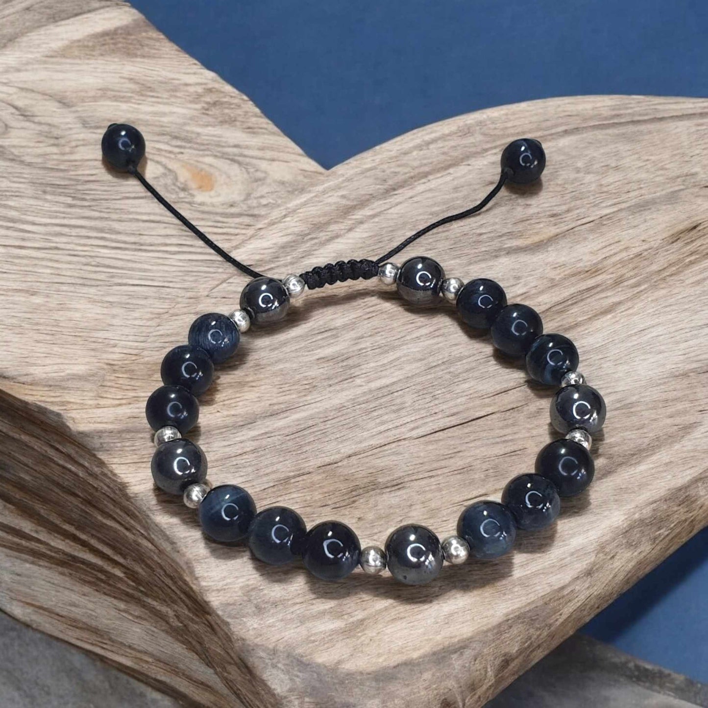 Bracelet réglable pour homme en hématite et œil de faucon 8mm
