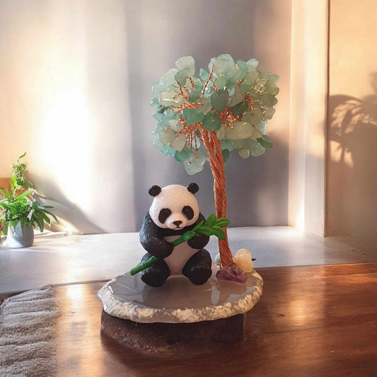 Mini sculpture décorative – Panda et Arbre en aventurine verte sur base en agate