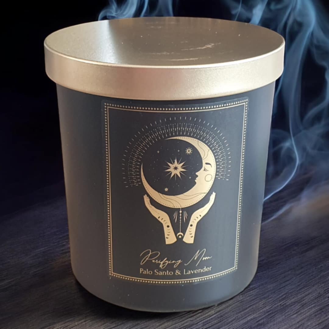 Bougie d'intention Puryfing Moon en verre -palo santo et de lavande