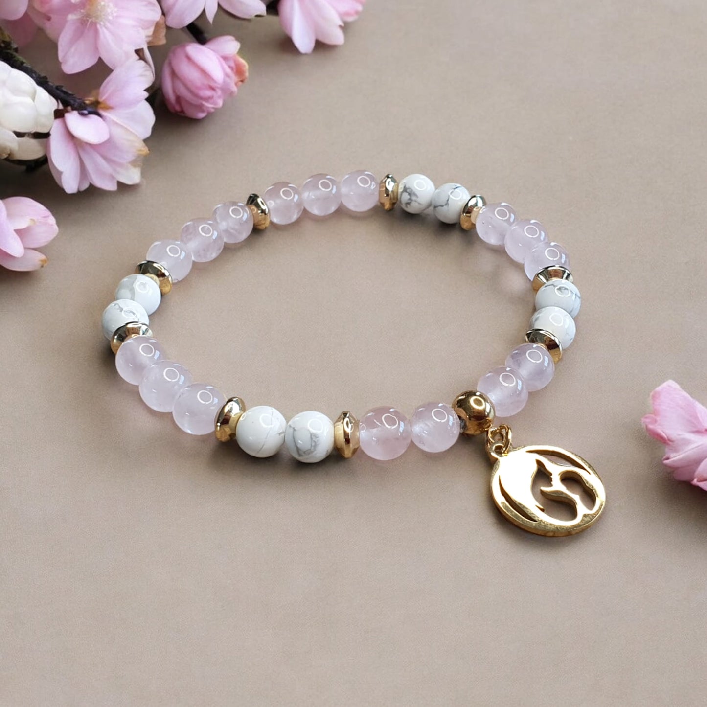 Bracelet Amour et Paix en quartz rose et Howlite
