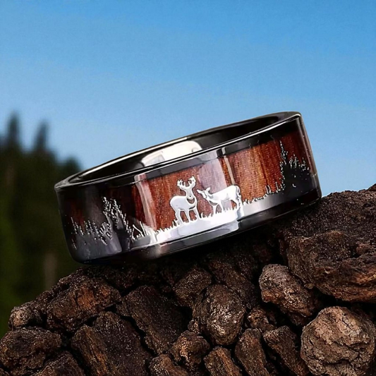 Bague en acier inoxydable et bois de Koa – Forêt & Cerfs