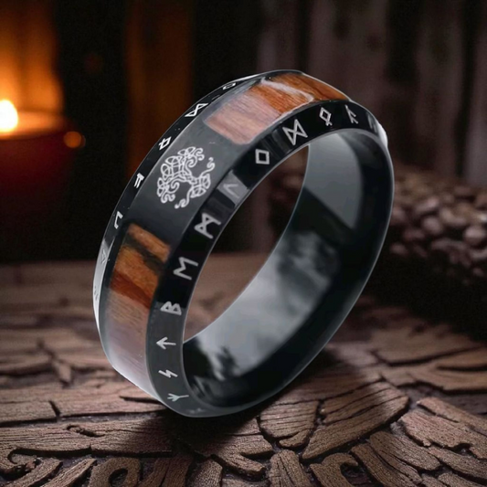 Bague en Bois de Koa & Acier Inoxydable – Gravures Runiques Nordiques