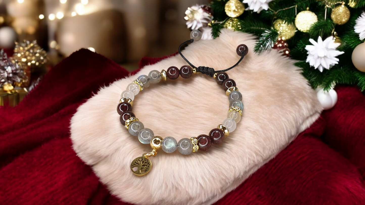 Bracelet labradorite, grenat et quartz rose.
