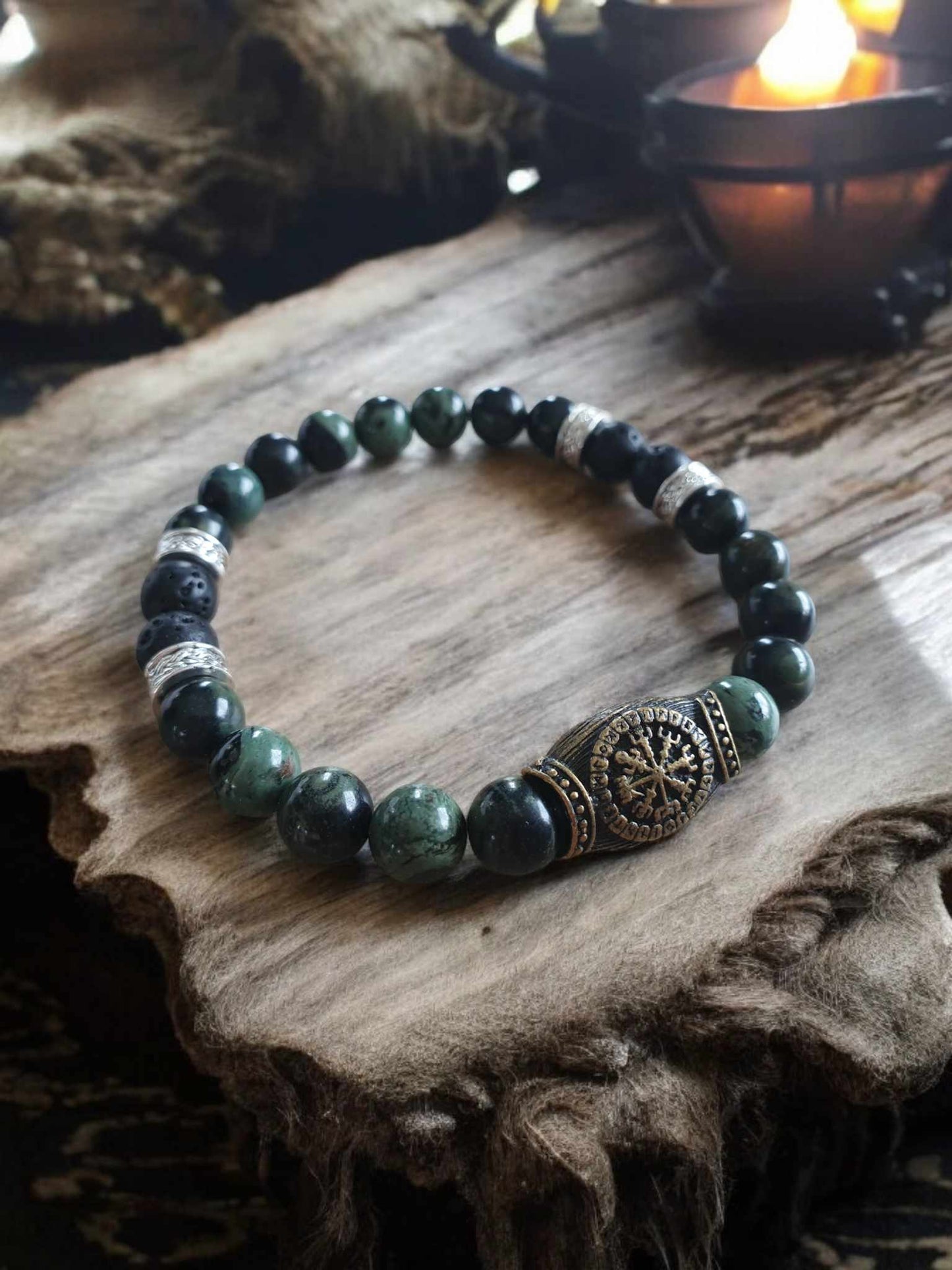 Bracelet Vegvisir en Jaspe de Cambaba et Pierre de Lave