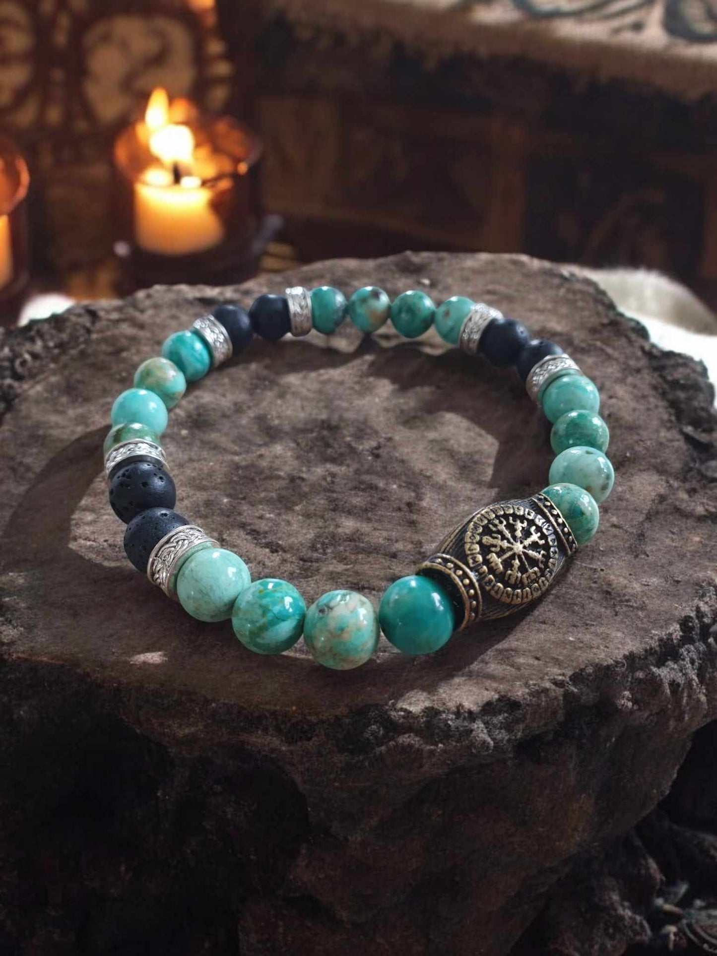 Bracelet Vegvisir en Turquoise Africaine et Pierre de Lave