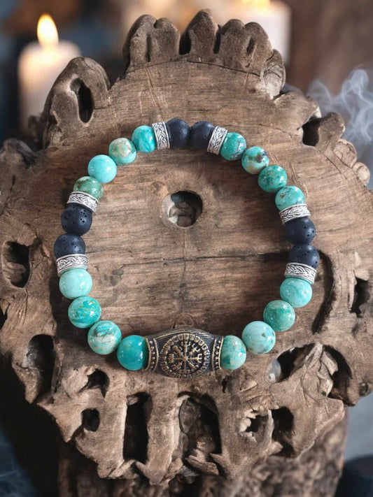 Bracelet Vegvisir en Turquoise Africaine et Pierre de Lave